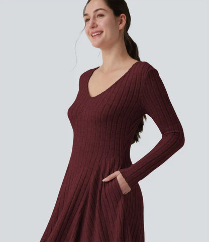 Ribbed Knit V Neck Long Sleeve Flare Midi Casual Dress with Pockets