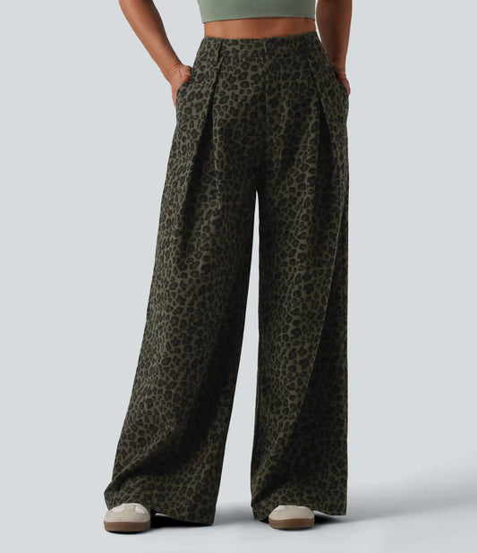 Mid Rise Wide Leg Baggy Leopard Print Casual Pants with Pockets