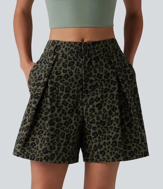 Mid Rise Leopard Print Casual Baggy Shorts 5'' with Pockets