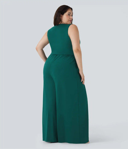 Plus Size V Neck Sleeveless Jumpsuit with Pockets-Easy Peezy Edition