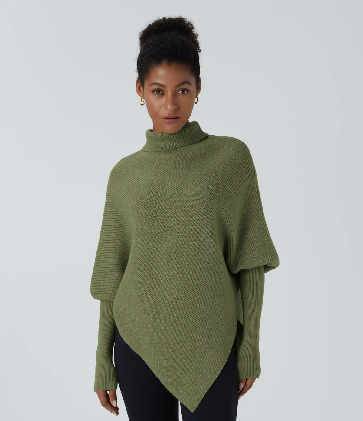 High Neck Long Sleeve Asymmetric Hem Work Sweater