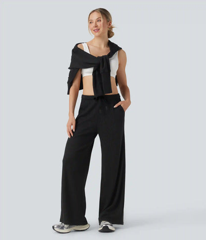 Mid Rise Drawstring Waffle Casual Baggy Pants with Pockets