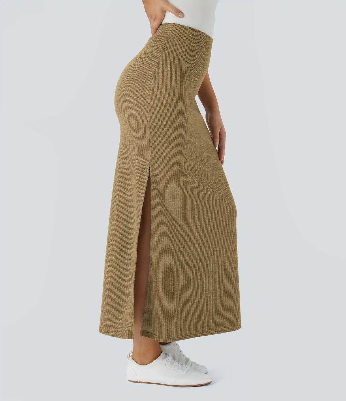 Ribbed High Waisted Hem A Line Maxi Casual Skirt