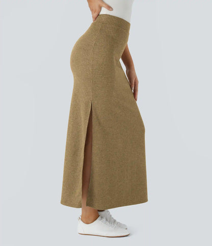 Ribbed High Waisted Hem A Line Maxi Casual Skirt