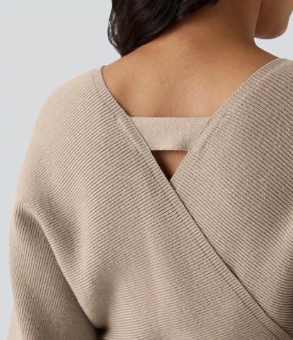 Crossover V Neck Batwing Long Sleeve Belted Mini Casual Sweater Dress