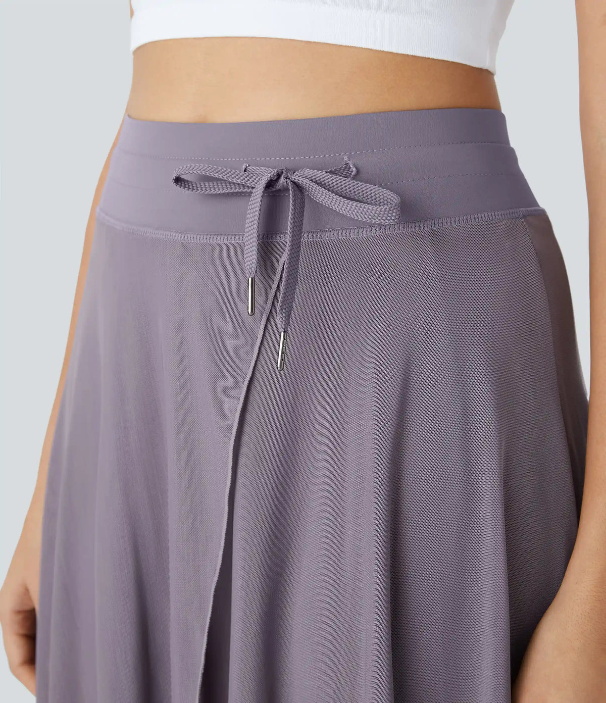 High Waisted Drawstring Contrast Mesh 2-in-1 Pocket Flowy Midi Flare Casual Skirt