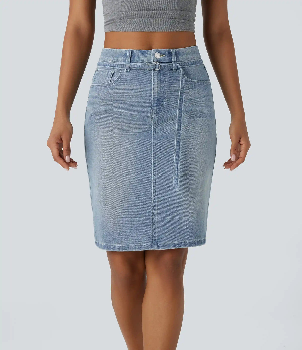 Halara Flex™ Mid Rise Zipper Pockets Washed Denim Midi Casual Skirt