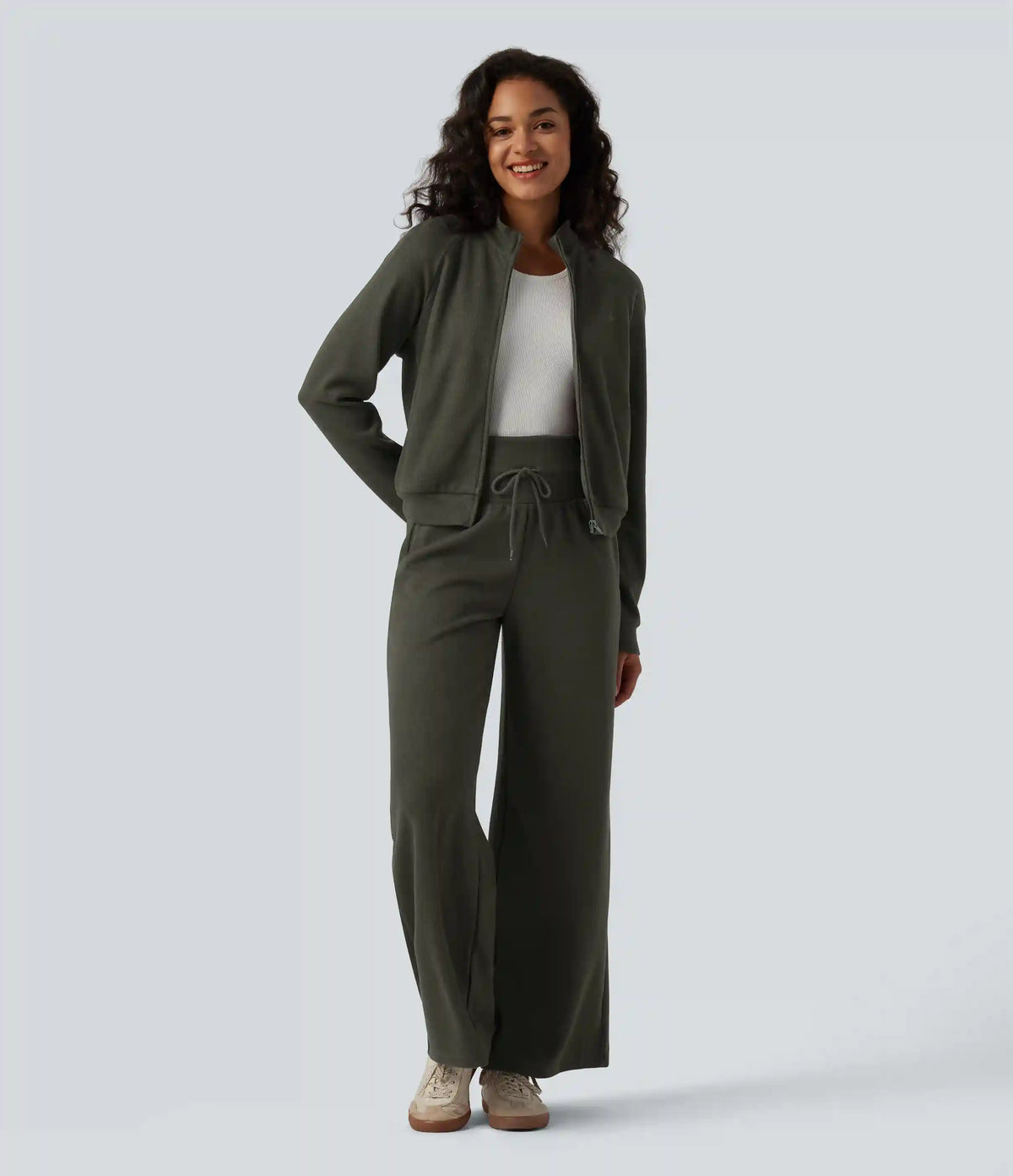 Ribbed Stand Collar Long Sleeve Zipper Casual Jacket with Pockets