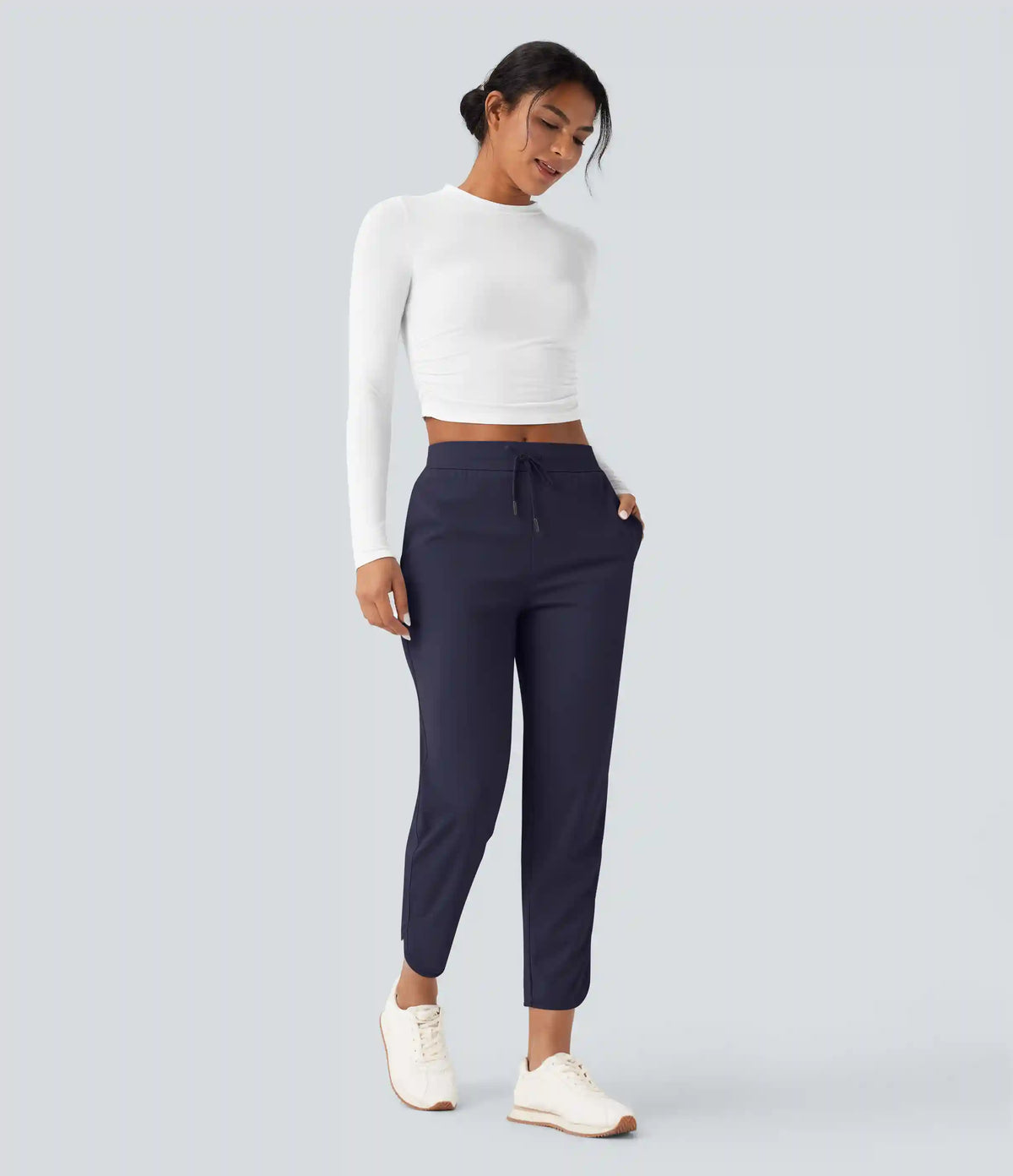 Mid Rise Drawstring Curved Hem Quick Dry Golf Tapered Pants with Pockets-UPF40+