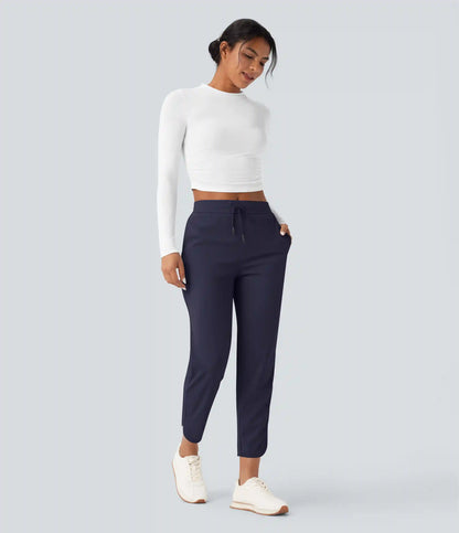 Mid Rise Drawstring Curved Hem Quick Dry Golf Tapered Pants with Pockets-UPF40+
