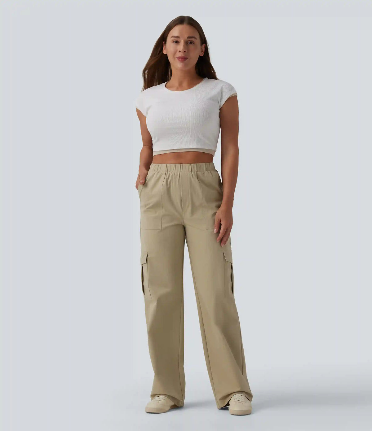 Mid Rise Straight Leg Stretchy Poplin Casual Pants with Pockets