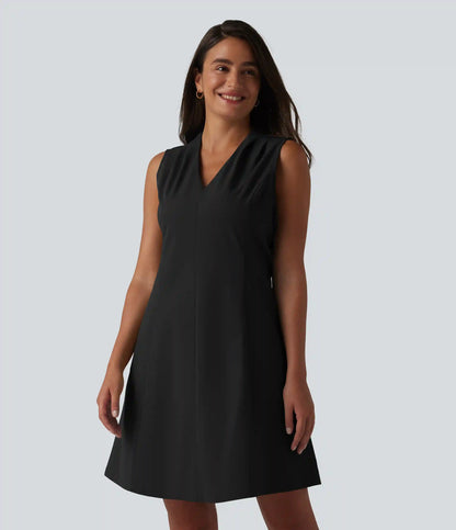V-neck Sleeveless Pleated Invisible Zipper Mini A-line Stretchy Poplin Work Dress with Pockets