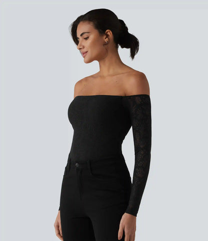Off Shoulder Built-in Bra Long Sleeve Lace Casual Top