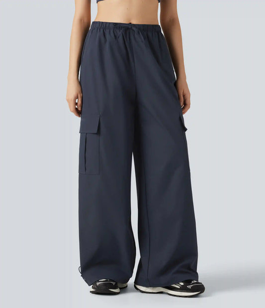 Water Repellent Wear-Resistant Mid Rise Drawstring Baggy Casual Cargo Pants with Pockets