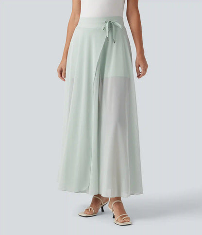 High Waisted Drawstring Contrast Mesh 2-in-1 Pocket Flowy Maxi Flare Casual Skirt