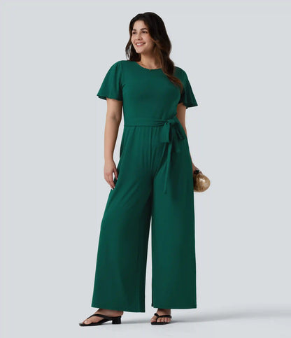 Plus Size Round Neck Short Sleeve Tie Front Wide Leg Party Jumpsuit with Pockets-Easy Peezy Edition