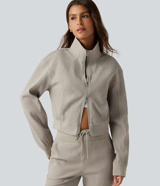 Stand Collar Raglan 2-Way Zipper Long Sleeve Waffle Casual Jacket with Pockets