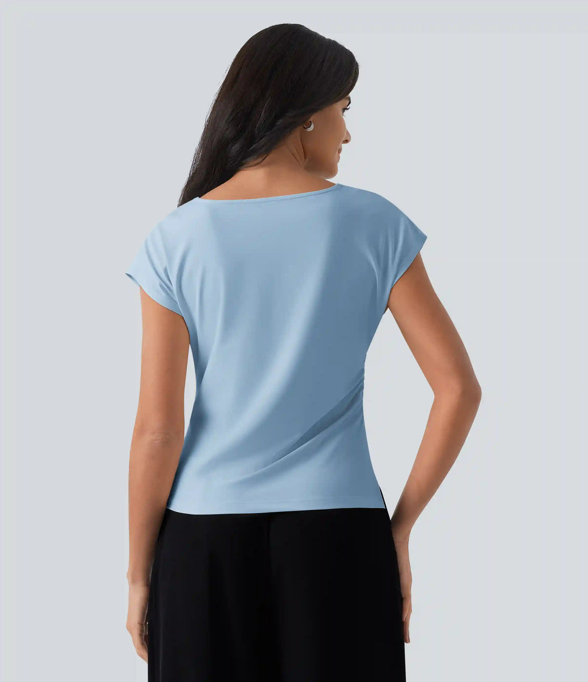 Asymmetric Cowl Neck Short Sleeve Ruched Split Hem Work Blouse