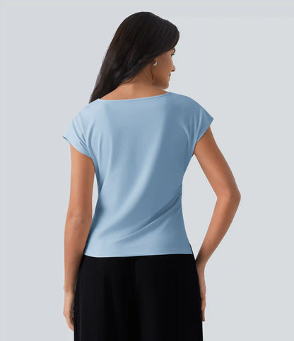 Asymmetric Cowl Neck Short Sleeve Ruched Split Hem Work Blouse