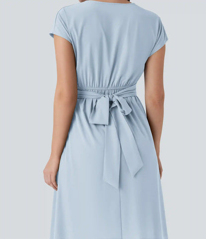 Breezeful™ V Neck Short Sleeve Pocket Tie Back Quick Dry Midi Casual Dress