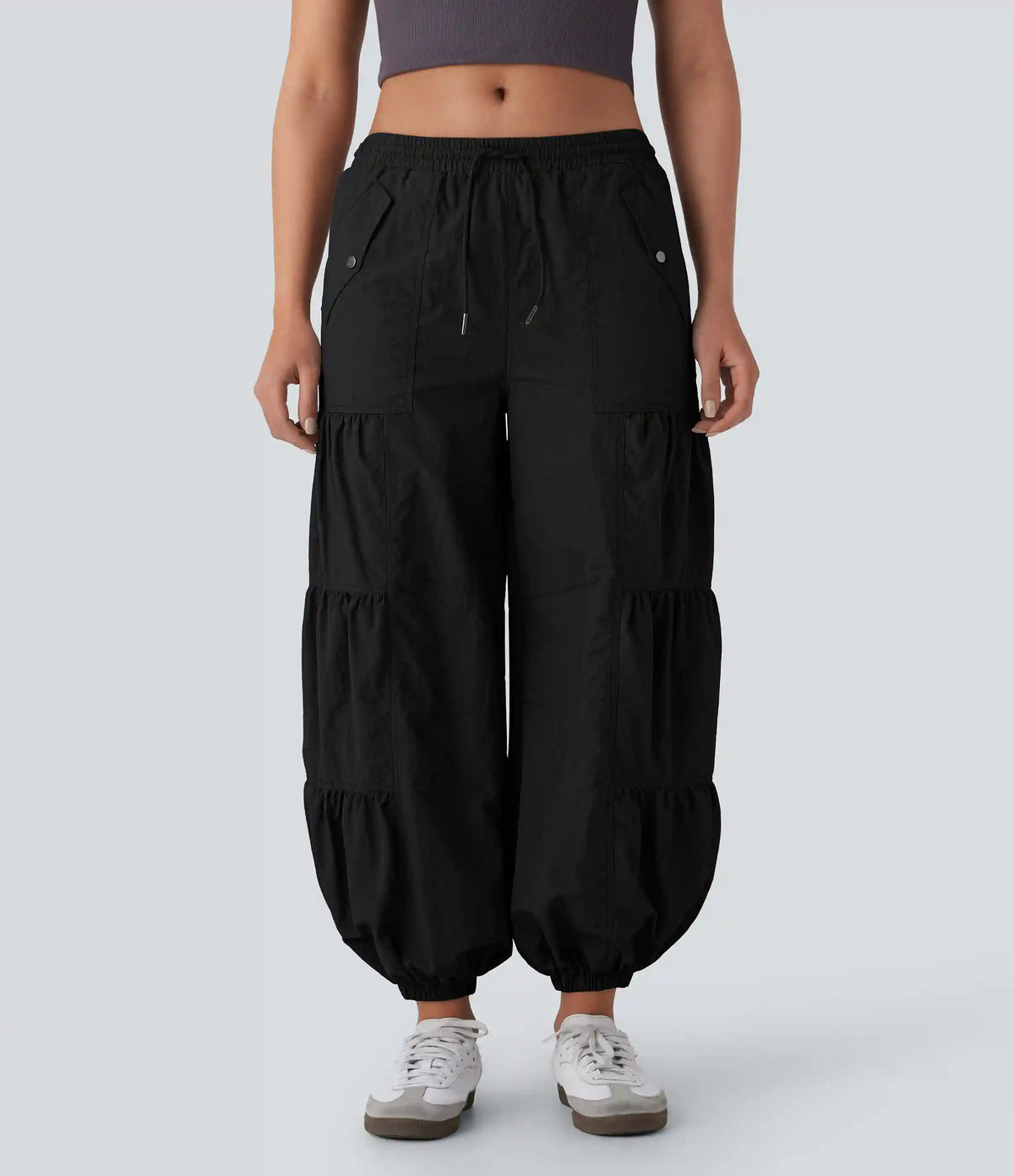Mid Rise Drawstring Pocket Ruched Parachute Casual Cargo Baggy Joggers