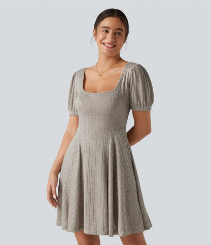 Ribbed Knit Square Neck Puff Short Sleeve Flare Mini Casual Dress with Pockets