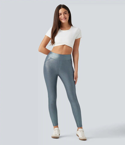 Ribbed Knit High Waisted Foil Print Yoga Leggings with Pockets