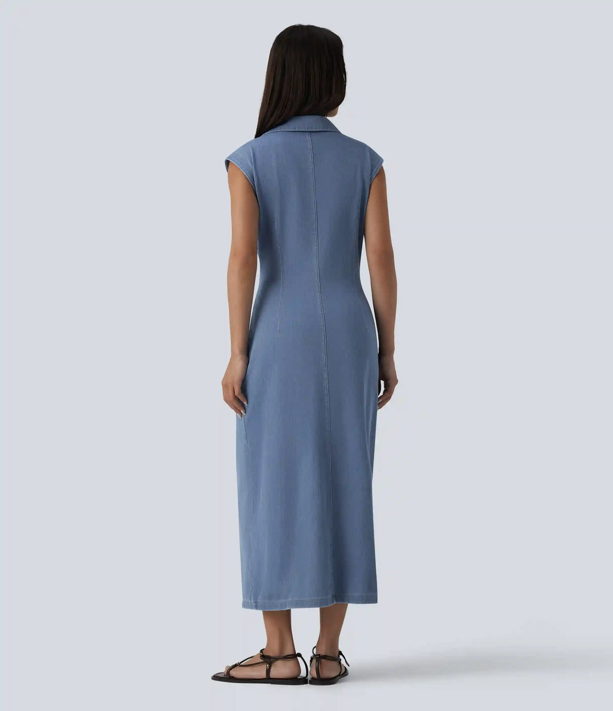 Halara Flex™ V-neck Sleeveless Ruched Button Fly Midi Denim Casual Dress