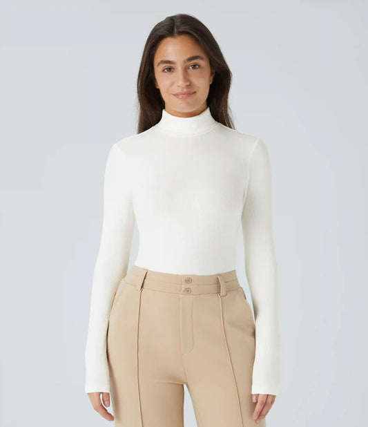 Ribbed Knit High Neck Long Sleeve Work Bodysuit