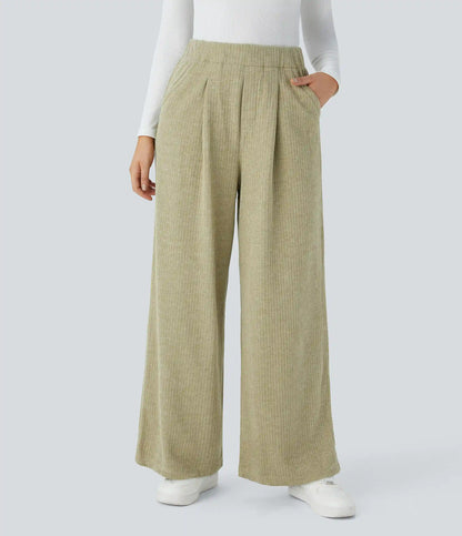 Ribbed High Waisted Pocket Wide Leg Casual Pants
