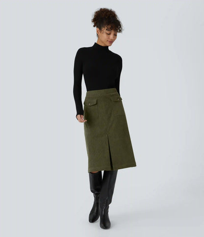 Mid Rise Front Side Flap Pocket Midi Corduroy Casual Skirt