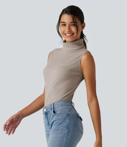 Ribbed Knit High Neck Casual Tank Top