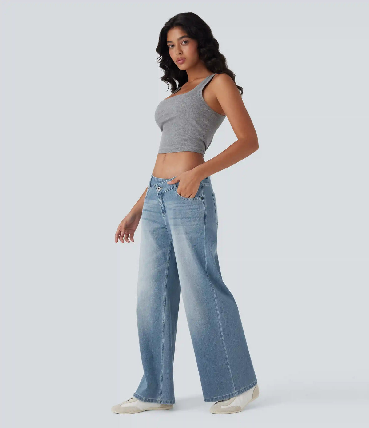 Halara Flex™ Asymmetric Low Rise Zipper Pockets Baggy Wide Leg Washed Casual Jeans