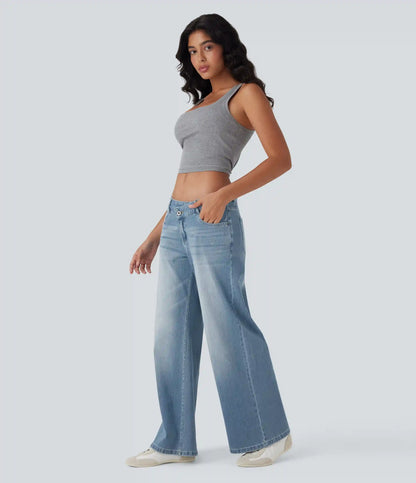 Halara Flex™ Asymmetric Low Rise Zipper Pockets Baggy Wide Leg Washed Casual Jeans