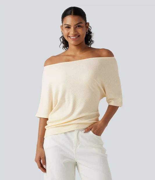 Ribbed Knit Off Shoulder Batwing Sleeve Casual Top