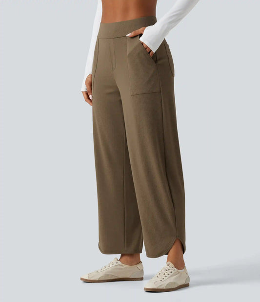 High Waisted Barrel Leg Curved Hem Quick Dry Dance Pants with Pockets-UPF40+