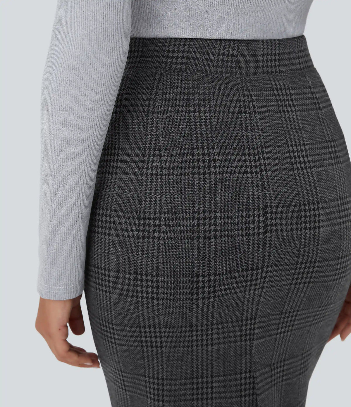 High Waisted Hem Houndstooth Plaid Work Pencil Skirt