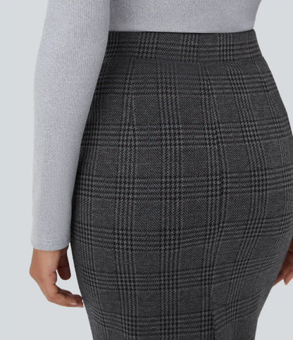High Waisted Hem Houndstooth Plaid Work Pencil Skirt