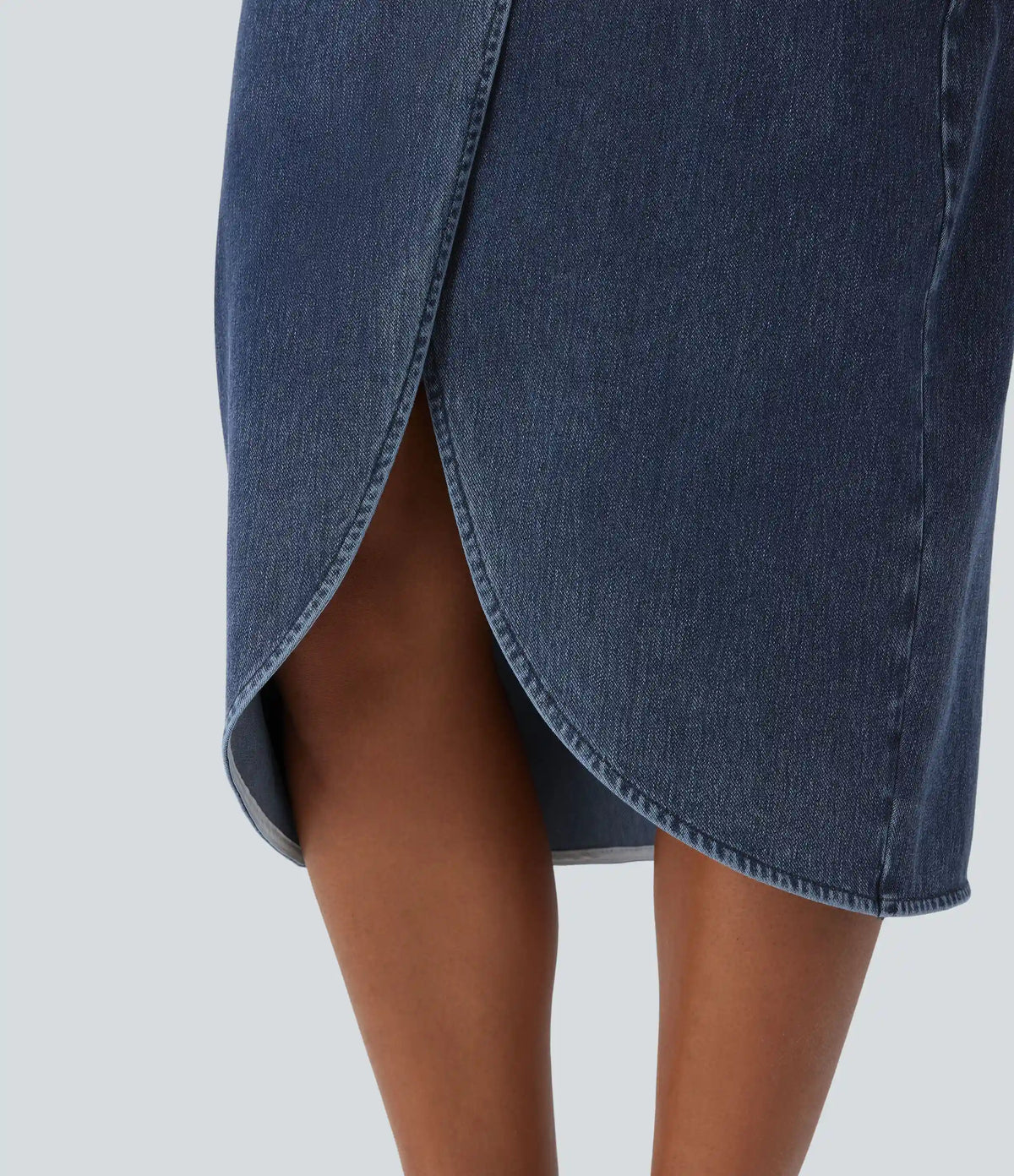 Halara Flex™ High Waisted Back Zipper Ruched Tulip Hem Midi Washed Denim Casual Skirt