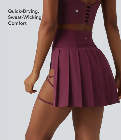 Breezeful™ High Waisted Pleated 2-in-1 Asymmetric Hem Quick Dry Mini Dance Skirt with Pockets-Longer Length
