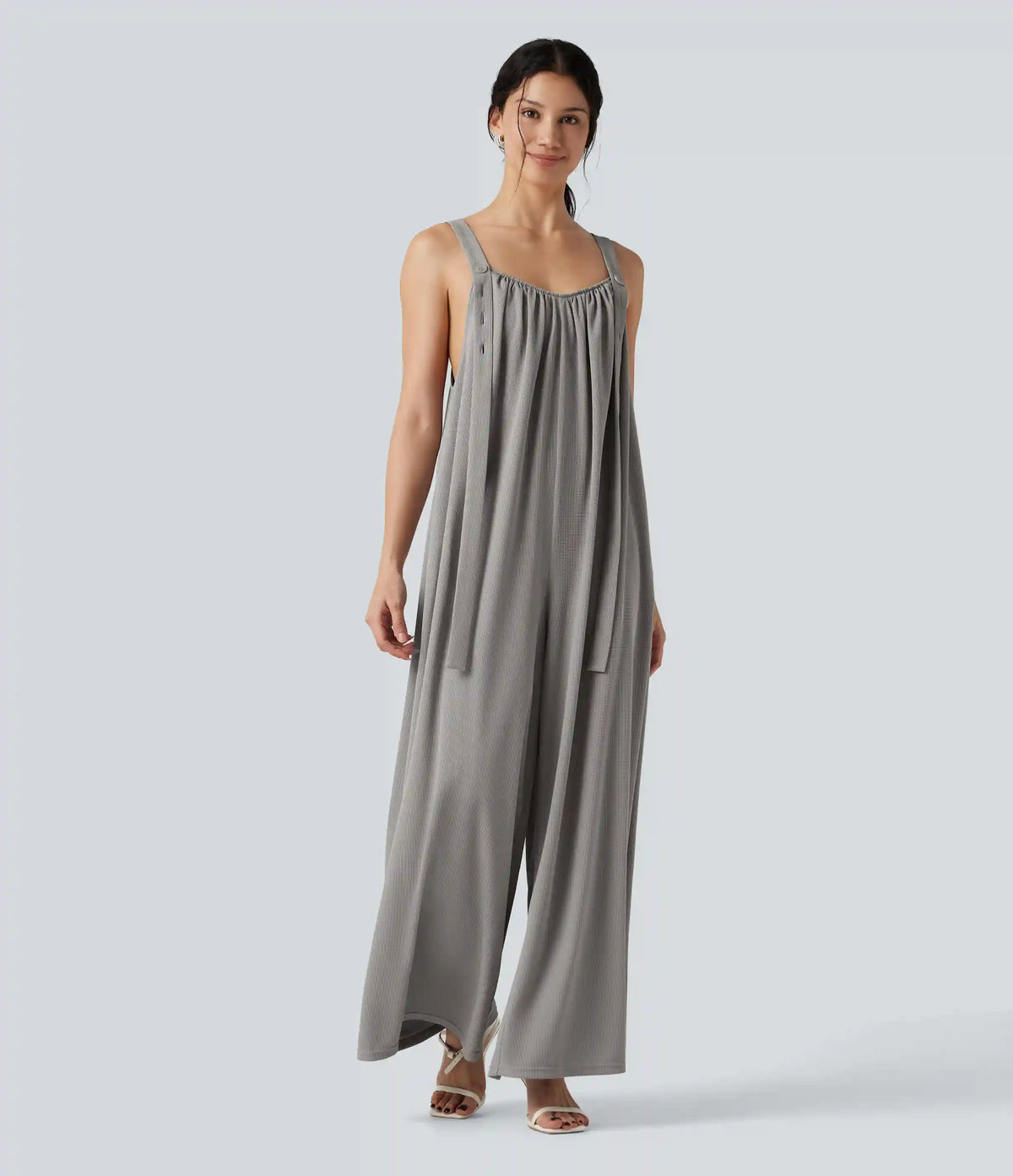 Adjustable Straps Waffle Casual Flowy Baggy Jumpsuit with Pockets