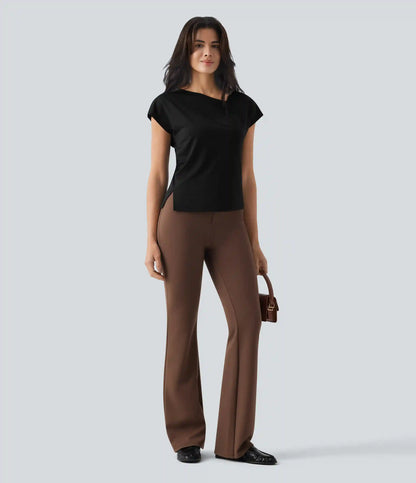 Asymmetric Cowl Neck Short Sleeve Ruched Split Hem Work Blouse
