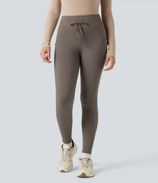 High Waisted Drawstring Fleece 7/8 Hiking Leggings with Pockets