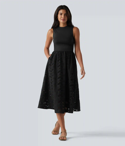 Round Neck Sleeveless Midi Embroidery Eyelet Resort Dress with Pockets
