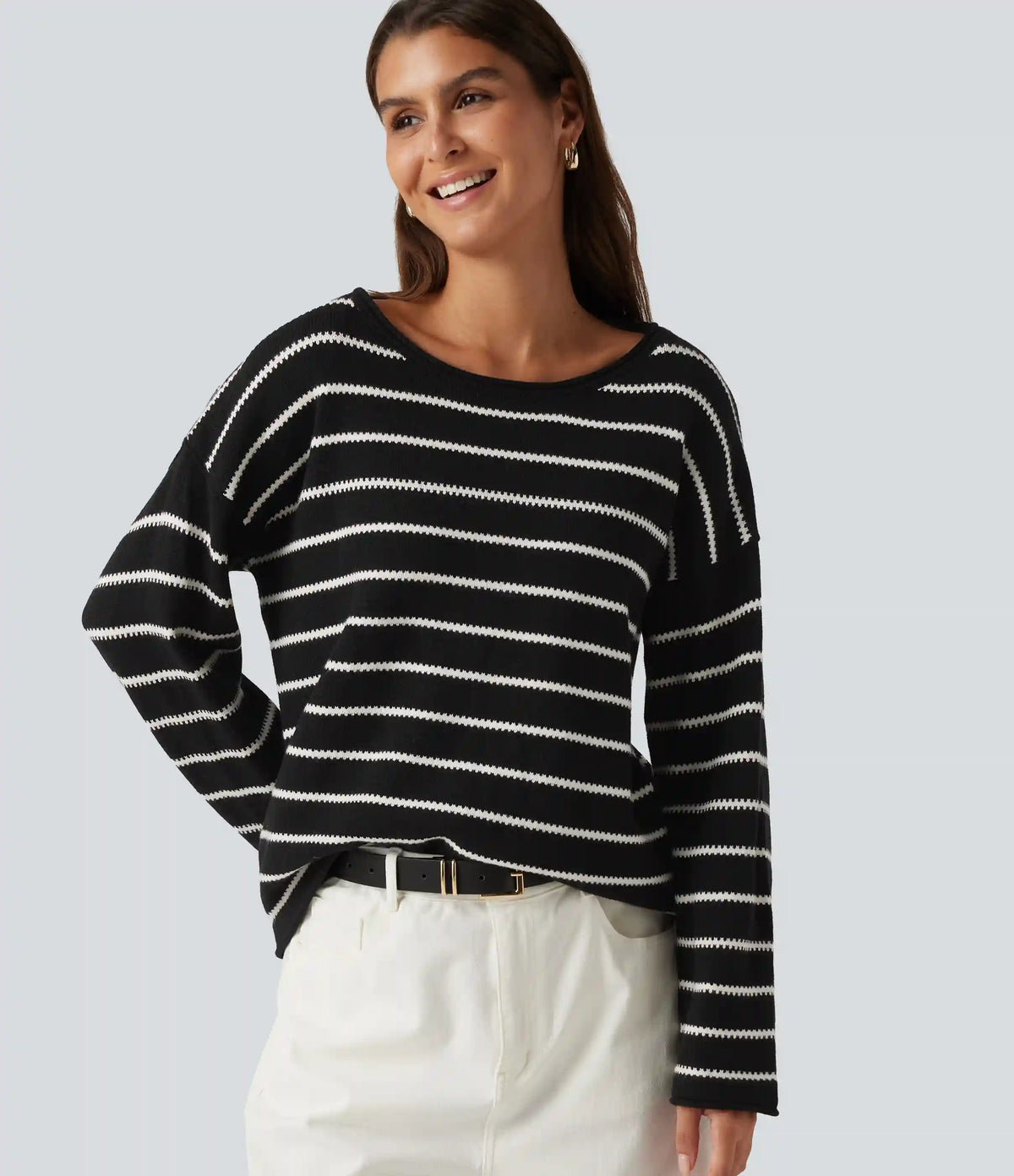 Boat Neck Long Sleeve Stripe Rolled Hem Oversized Casual Sweater