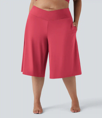 SoftlyZero™ Airy Crossover High Waisted Wide Leg InstantCool Yoga Pedal Pusher Plus Size Pants with Pockets