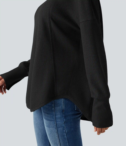 Scoop Neck Long Sleeve Curved Hem Relaxed Waffle Casual Top