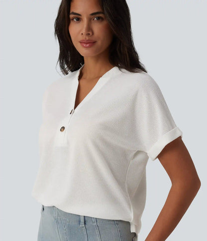 V-neck Button Batwing Sleeve Waffle Casual T-Shirt