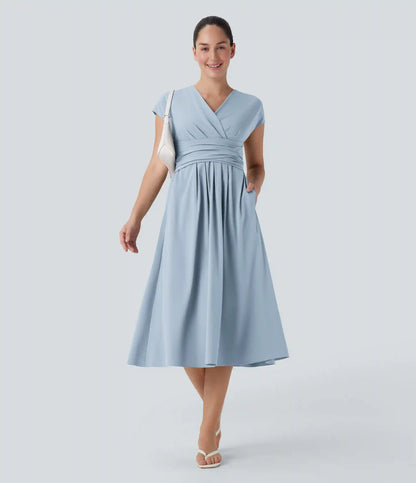Breezeful™ V Neck Short Sleeve Pocket Tie Back Quick Dry Midi Casual Dress