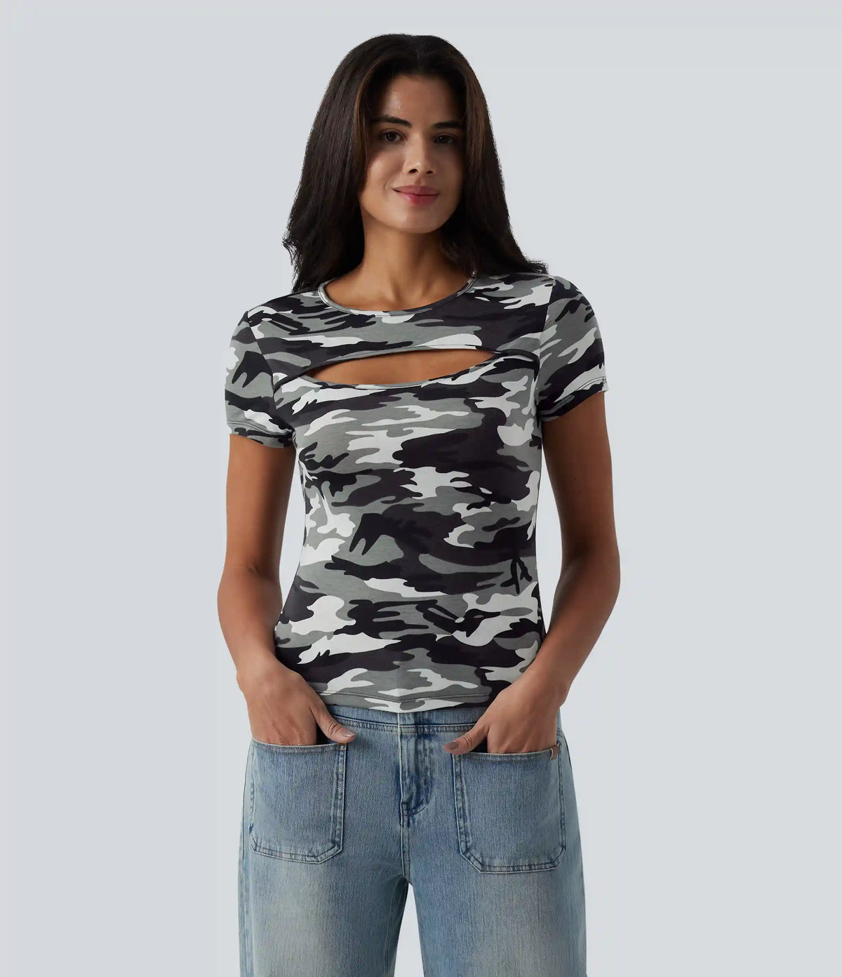 Round Neck Short Sleeve Cut Out Camo Casual T-Shirt